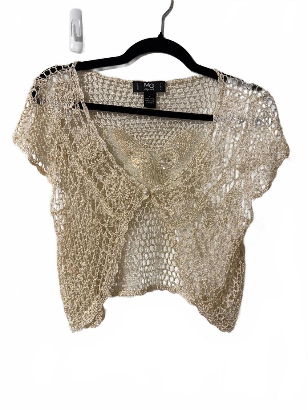 MG Originals Crochet Lace Bolero Shrug Womens Size S Beige Sequin